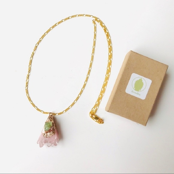 Rose Quartz green druzy pendent figaro3+1 necklace - Picture 2 of 2